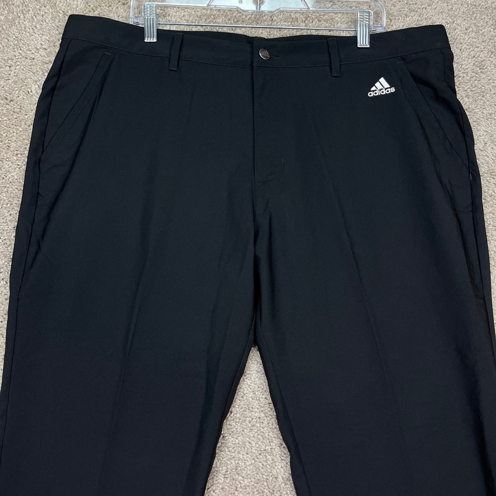 Adidas Pants Mens 40x30 Black Flat Front Performance Trousers Golf 3 Stripe EUC - Picture 2 of 11